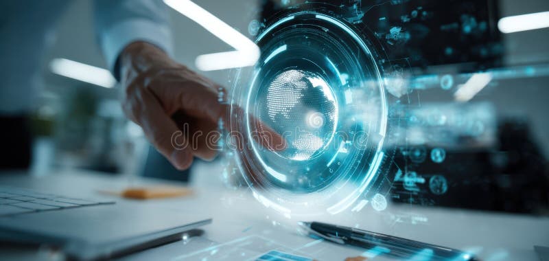 The finger interacts with a holographic globe in a modern digital workspace. image royalty free stock photography.