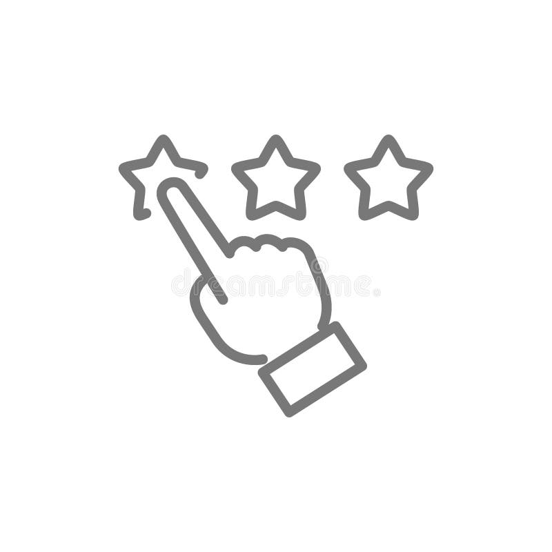 Finger point to stars, customer review, rating, feedback, reputation and quality line icon.
