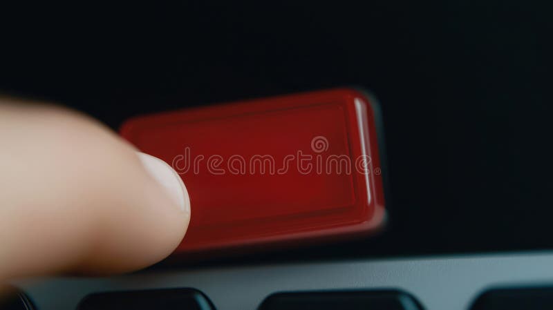 Finger poised to press large red delete key on computer keyboard. Action of removing digital data. Urgent decisive digital vector illustration