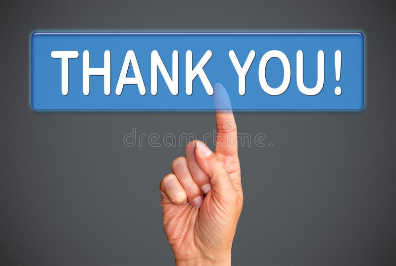 Finger pressing thank you button stock images