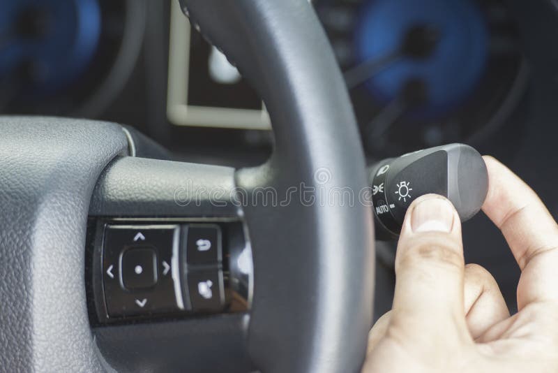 The Finger Push a Button on the Car Steering Wheel Stock Image Image