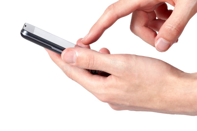 Finger Tapping Smartphone Screen Phone Held In Hand Modern Smart Phone In Hands Interacting With A Mobile App Concept Stock Image Image Of Screen Hovering 195328863