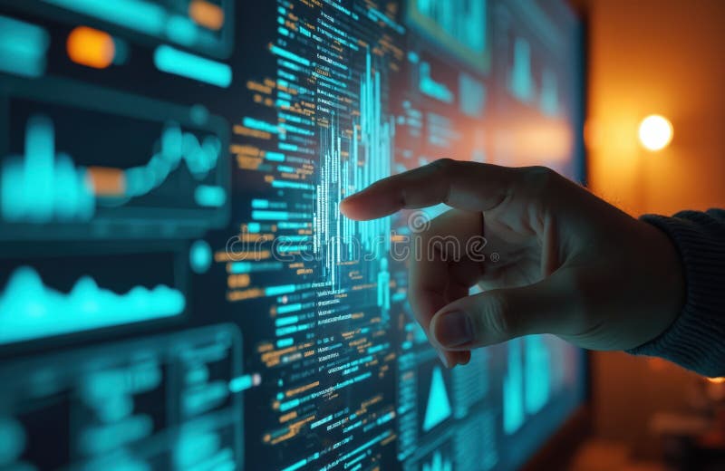 Finger touches glowing graph on interactive screen. Person analyzes financial data using modern tech. Digital transformation for vector illustration