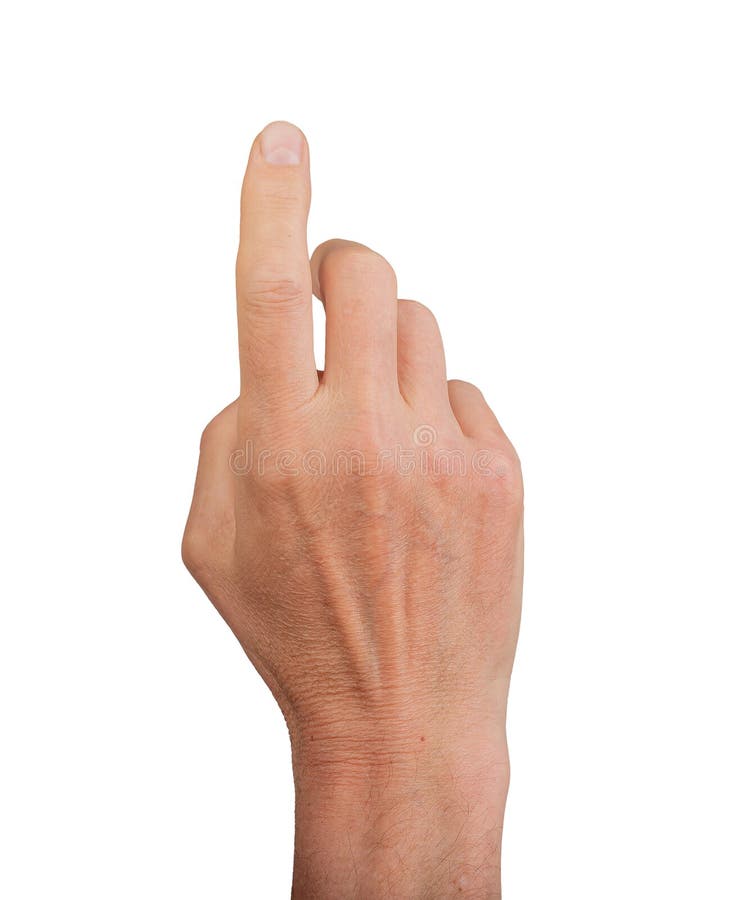 Finger touching, hand clicking. Gesturing index finger pointing, white background. Press stock photo