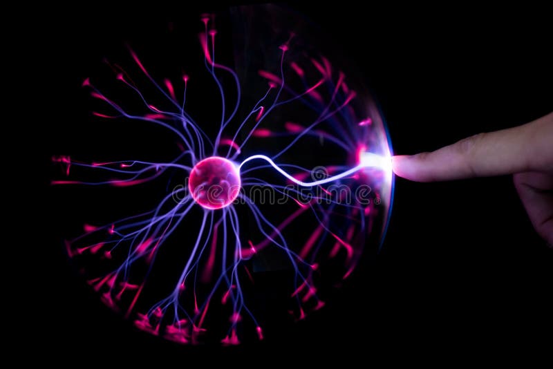 Finger Touching Plasma Light Ball on Black Background Stock Photo