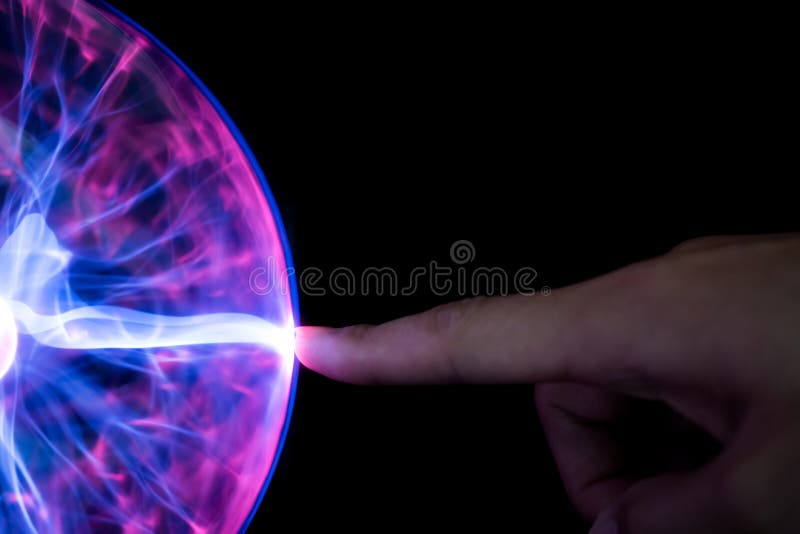 Finger Touching Plasma Light Ball on Black Background Stock Photo