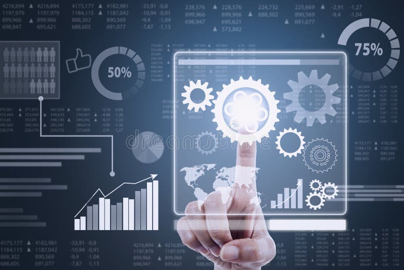 Finger touching screen with cogwheels royalty free stock photo