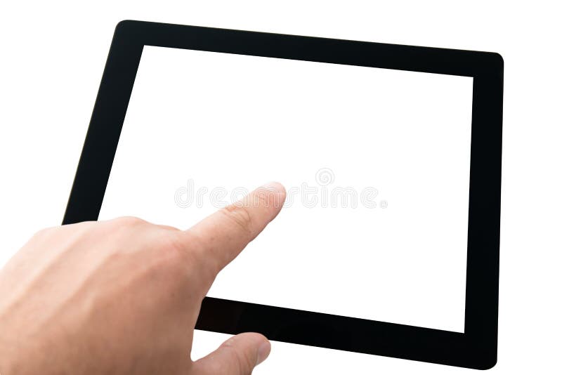 Finger touching tablet pc with blank screen stock photos Finger touching tablet pc with blank screen stock photos