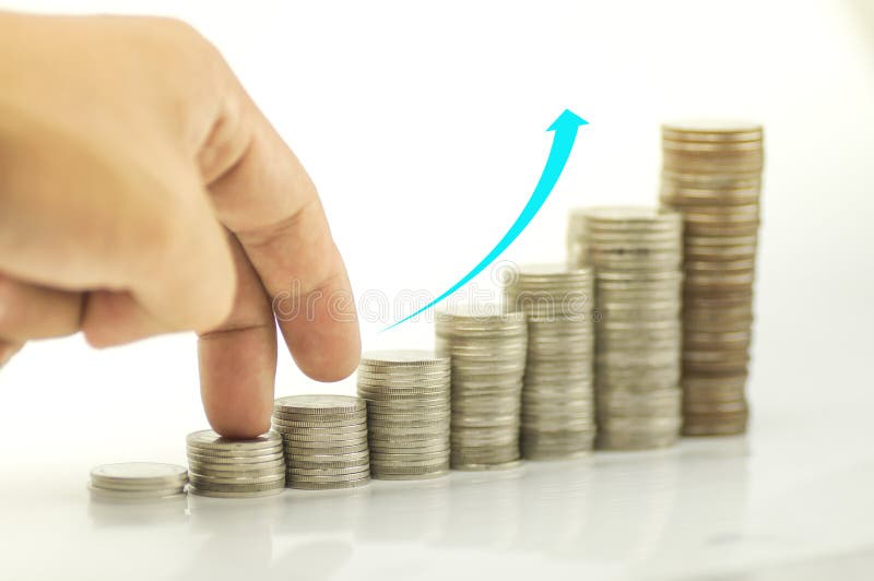 Finger walk step by step on coins stock images