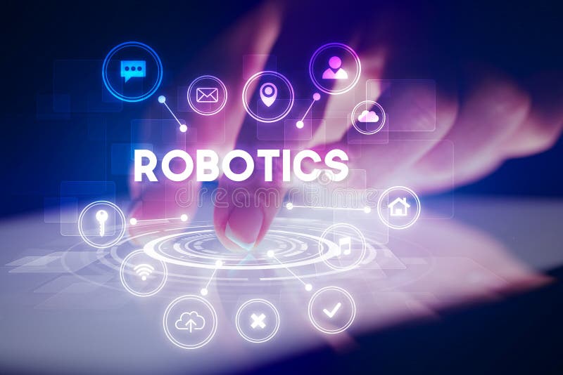 Fingerberührentablette mit Netztechnologie-Ikonenkonzept. Fingerberührentablette mit Netztechnologieikonen und Netztechnologiekonzept ROBOTIK-Aufschrift,