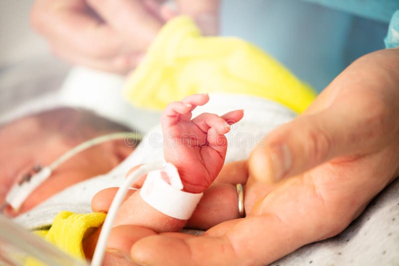Mother`s hand and premature born infant child in ICU hospital room with monitor on. Mother`s hand and premature born infant child in ICU hospital room with monitor on