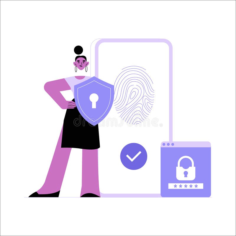 Fingerprint Authentication With Female Character In Flat Vector Illustration Symbolizing Secure Access, Biometric. Female character with a security shield and fingerprint scanner interface, symbolizing fingerprint authentication, biometric verification, secure access, and data privacy.