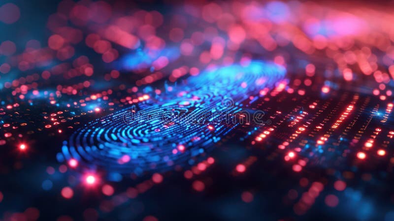 Fingerprint Cyber Security System on Neon Background: Enhancing Technology and Security with Custom Info Space stock illustration