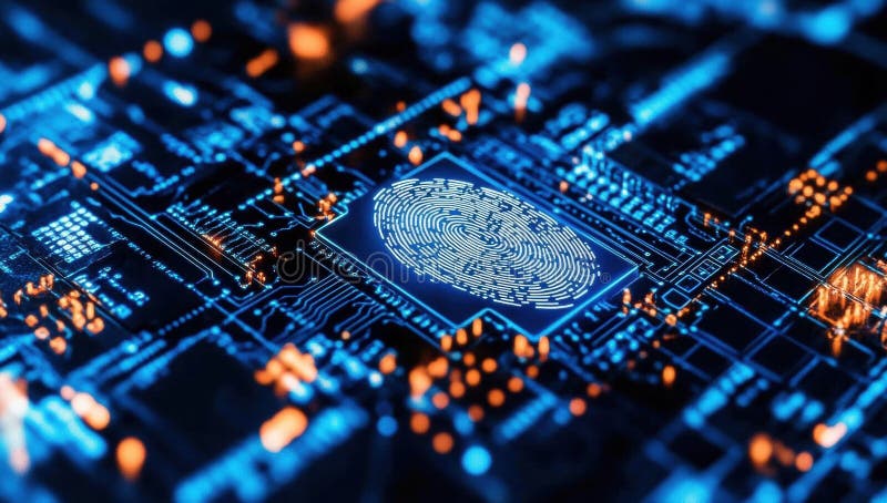Fingerprint glowing on computer circuit board ensuring biometric security. Digital illustration of a fingerprint glowing on a computer circuit board, representing biometric security and data protection AI generated