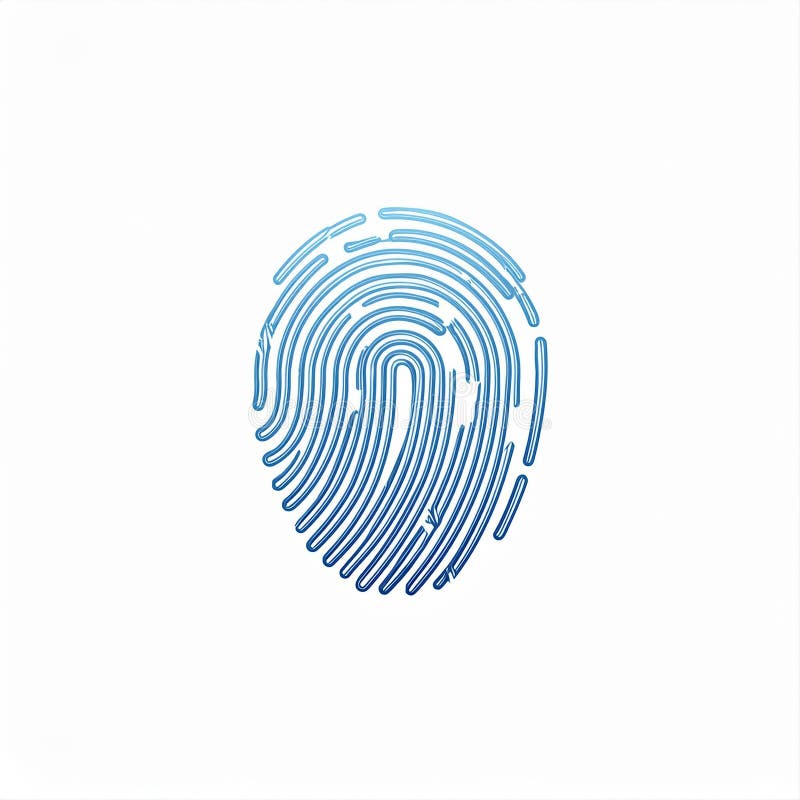 Fingerprint-logotypens utformning med ett unikt linjemönster i mjuka blå skuggor på ett vitt bakgrundsutfall. Unik design av fingeravtryckslogotyp visar invecklade mönster som bildas av mjuka blå linjer mot en vit bakgrund. AI genererad