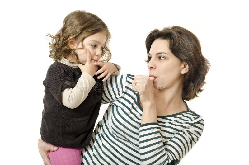 Mother and daughter sucking thumb stock photos.