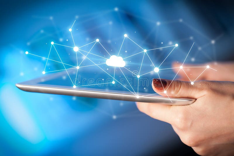 Fingers touching tablet with cloud concept stock illustration Fingers touching tablet with cloud concept stock illustration