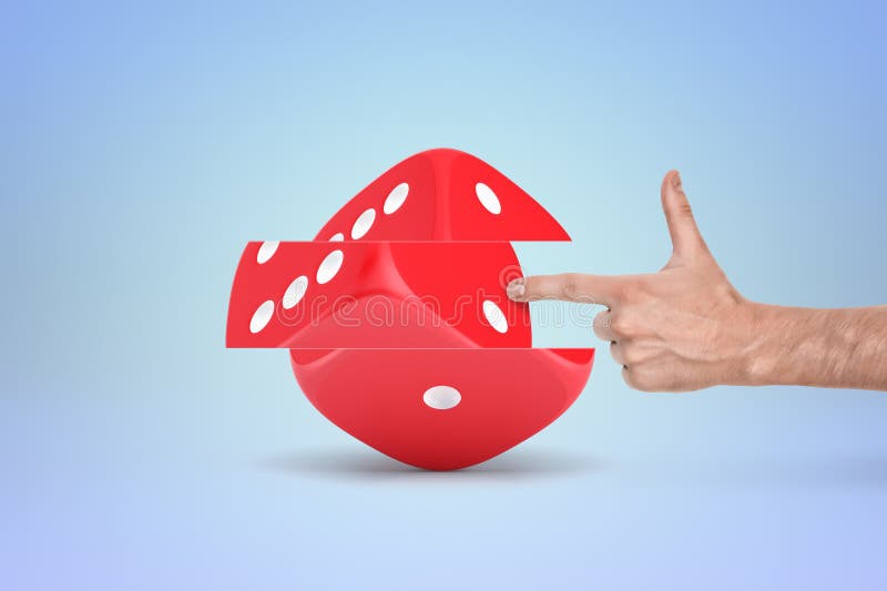 A creative image showing a hand interacting with an oversized red die suggesting risk and chance in decision making. A creative image showing a hand interacting with an oversized red die suggesting risk and chance in decision making