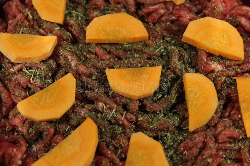 Finhackade nytt k?tt, orange mor?tter och Provencal ?rter Kött och grönsaker, innan att laga mat arkivfoto Finhackade nytt k?tt, orange mor?tter och Provencal ?rter Kött och grönsaker, innan att laga mat arkivfoto