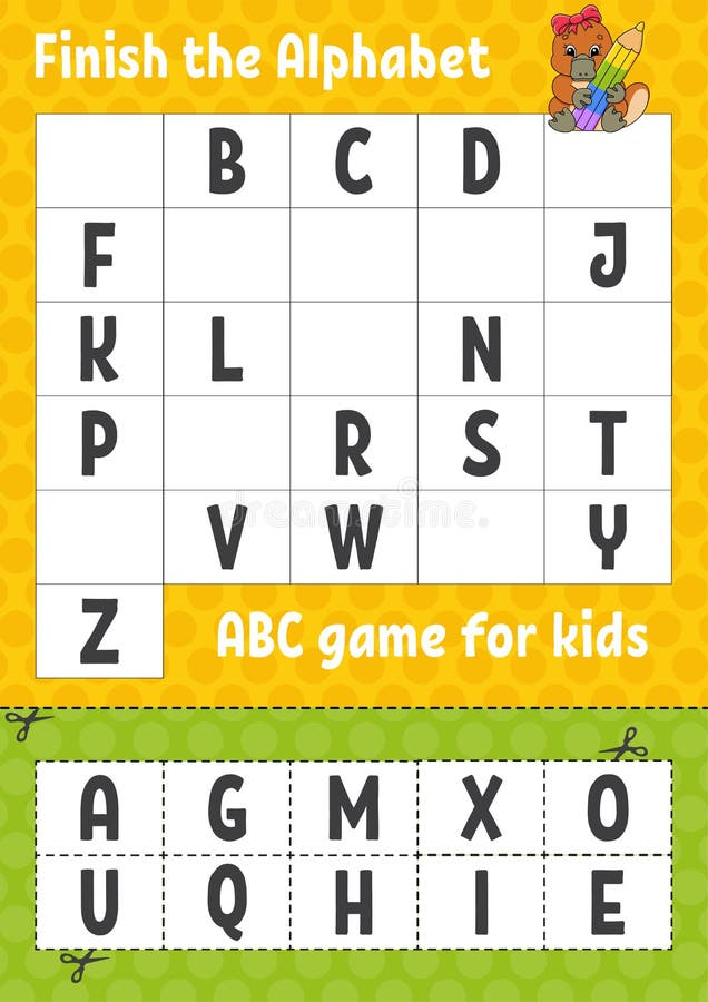 Finish the Alphabet. ABC Game for Kids. Cut and Glue. Education