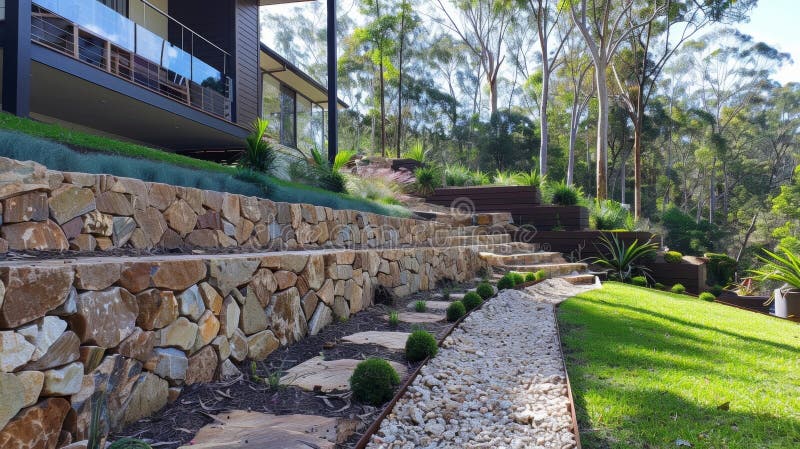 The finished retaining wall in all its glory showcasing its strong and practical design while also blending in with the stock images