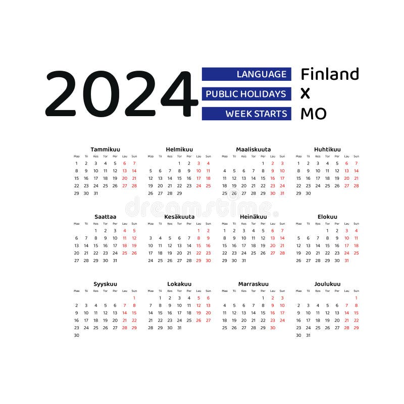 Finland Calendar 2024. Week Starts from Monday. Vector Graphic Design
