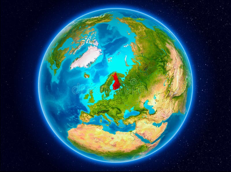 Finland på jord. Finland i rött från den Earth’s omloppet illustration 3d Beståndsdelar av denna avbildar möblerat av NASA