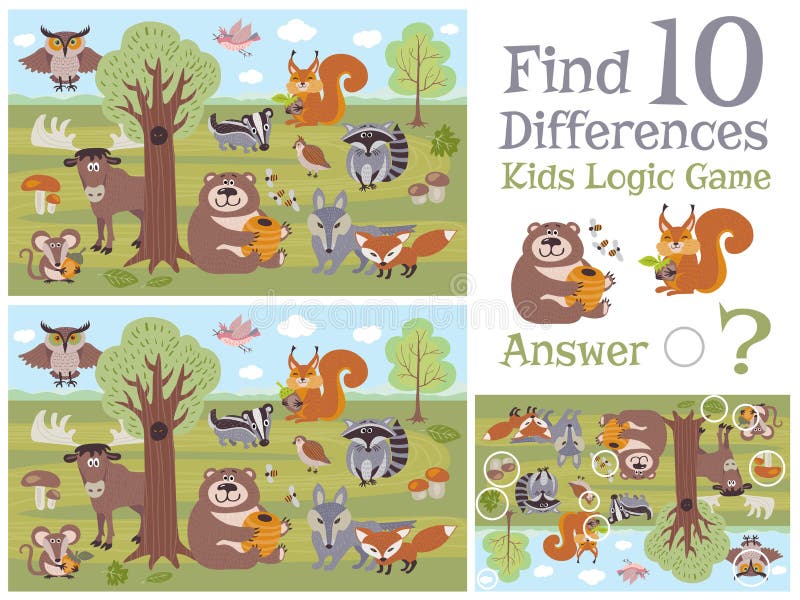 Finna skillnader som bildande ungar spelar med för teckenvektorn för skogen den djura illustrationen