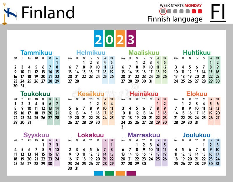 Finnish Horizontal Pocket Calendar for 2023. Week Starts Monday Stock