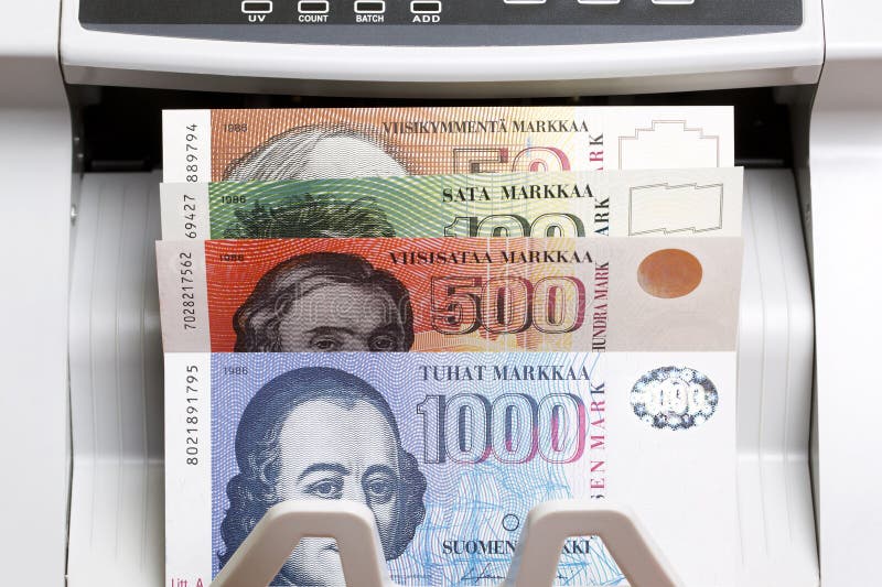 Finnish Marks in the counting machine royalty free stock photography