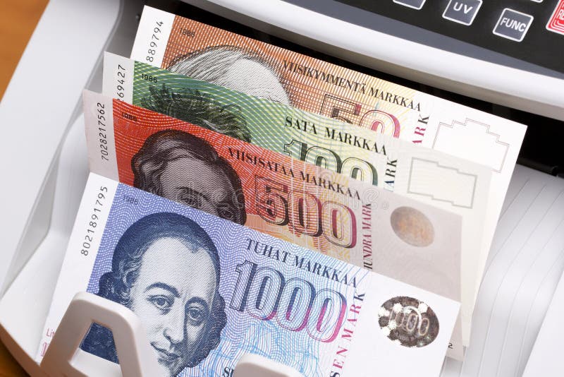 Finnish Marks in the counting machine royalty free stock photo