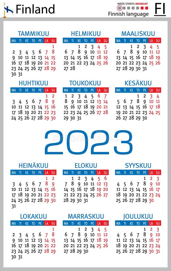 Finnish Vertical Pocket Calendar for 2023. Week Starts Monday Stock