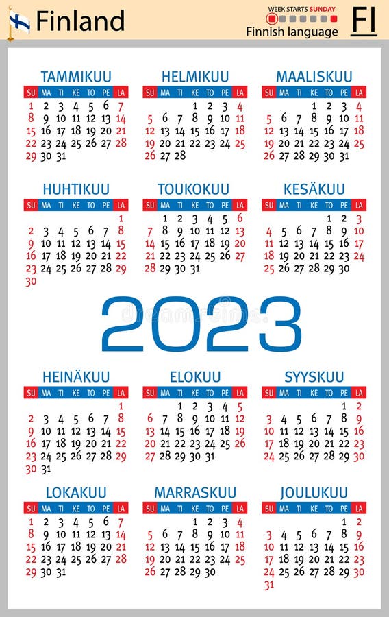 Finnish Vertical Pocket Calendar for 2023. Week Starts Sunday Stock