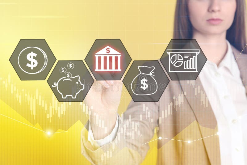 Fintech concept woman pointing at icon on virtual screen fotos de stock