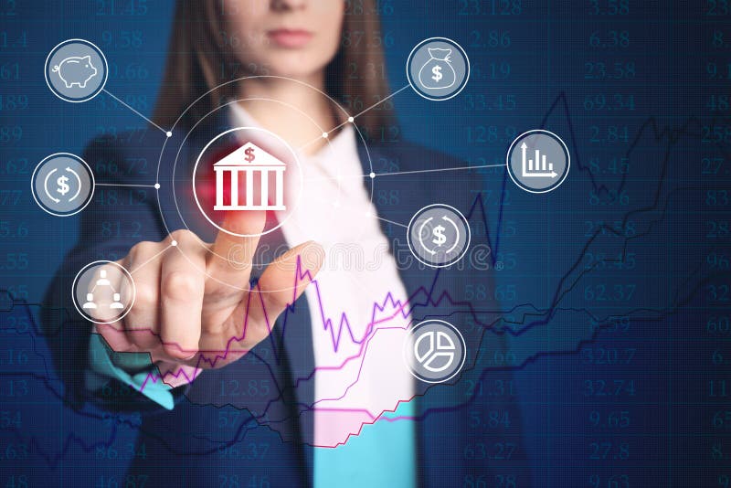 Fintech concept woman pointing at icon on virtual screen foto de stock