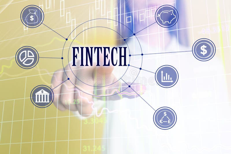 Fintech. mulher apontando para o ícone na tela virtual imagem de stock royalty free