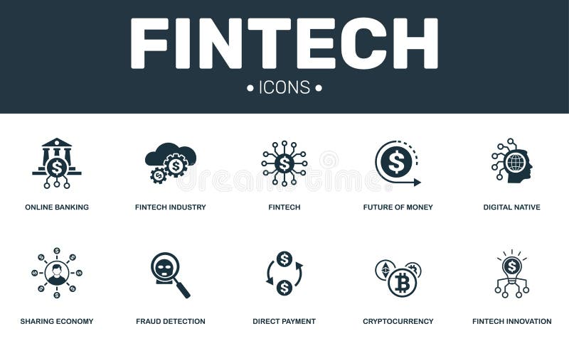 Fintech a placé la collection d'icônes Inclut les éléments simples tels que l'avenir de l'argent, de l'indigène de Digital, du Cr illustration stock Fintech a placé la collection d'icônes Inclut les éléments simples tels que l'avenir de l'argent, de l'indigène de Digital, du Cr illustration stock
