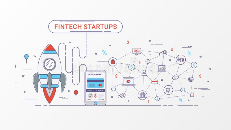 Fintech startup infographic. Financial technology and new business investment with blockchain technology. stock illustration