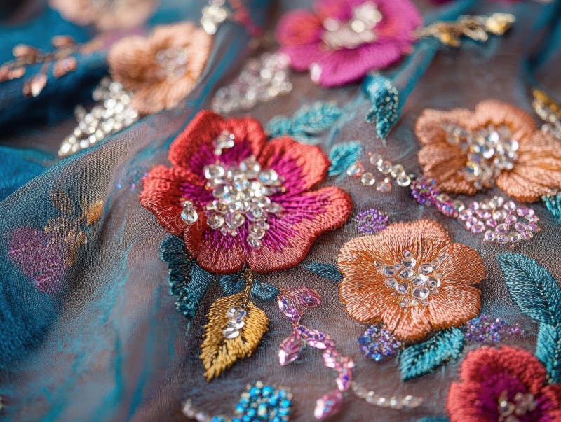 'Fintricate floral embroidery on sheed-väven', en förslutning av exquisite handstitched'-blommor med gnisttändning royaltyfria foton