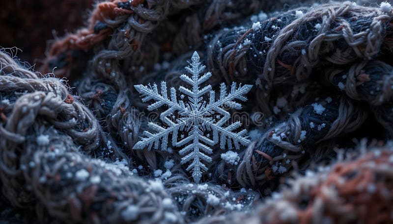 Fintvätt av känsliga snöflingor på snörvfibrer. En enda, svårgripbar, detaljerad snöflake vilar försiktigt på en bädd av snurrande fiber som skapar en visuellt bedövande vinterscen