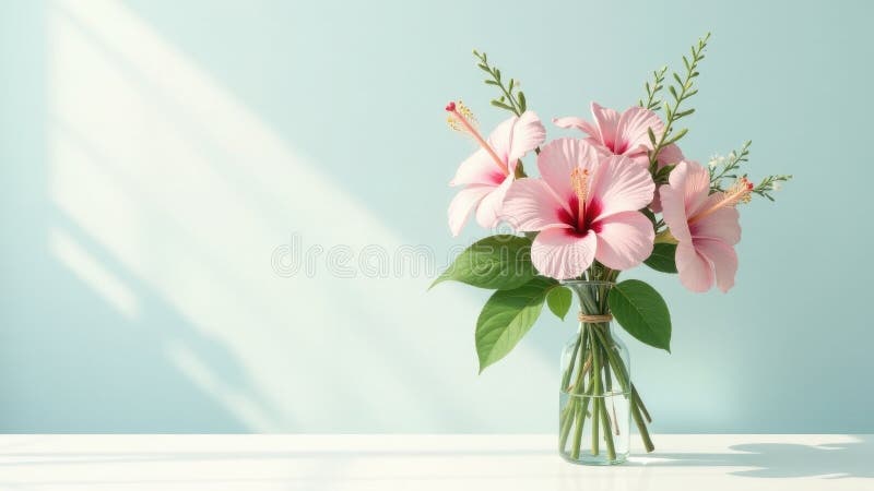 Fintvätt av rosa hibiscus i en glasvas som belyses med solljus på ett vitt bord mot en ljusblå serenblått stock illustrationer
