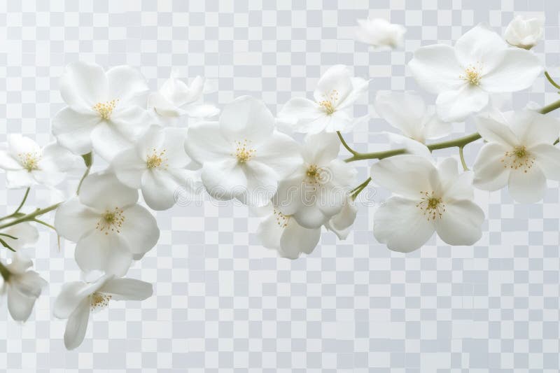 Fintvätt av vita blommor från blomningsgrenen med genomskinlig bakgrund stock illustrationer