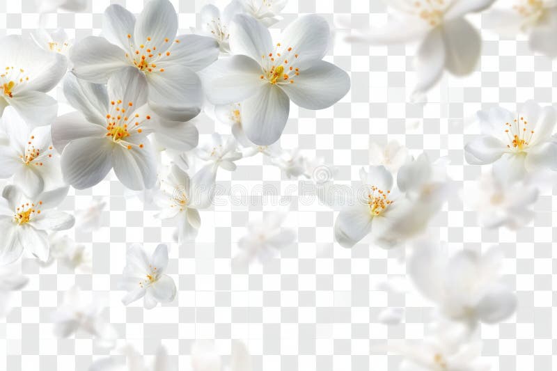 Fintvätt av vita blommor som faller på genomskinlig bakgrund stock illustrationer