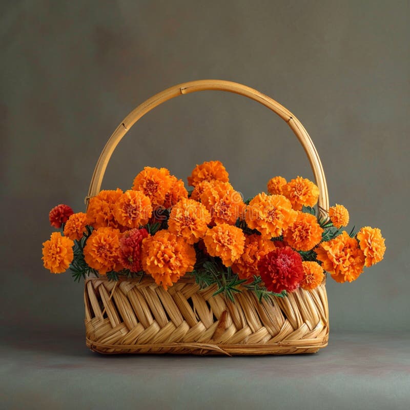 Finura floral marigold y flores zendu adornan una canasta de bambú ilustración del vector