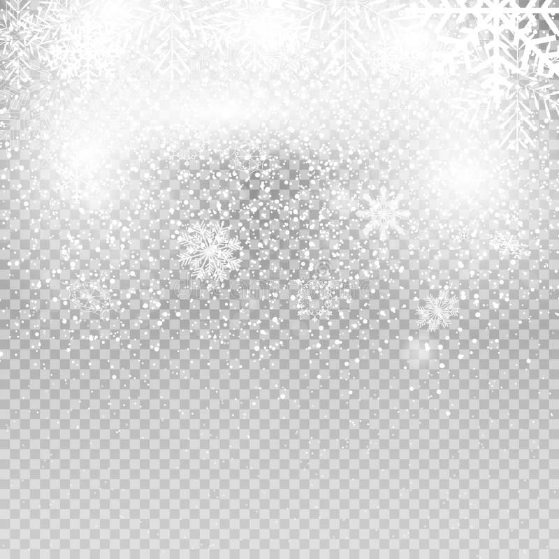 Fiocchi di neve e neve brillanti di caduta su fondo trasparente Natale, nuovo anno di inverno Vettore realistico