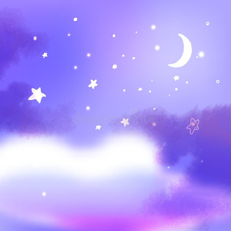 Fioletowe nocne niebo z księżycem, puszyste chmury i mnóstwo gwiazd Ilustracja marzeń, spokojny tło fantazji