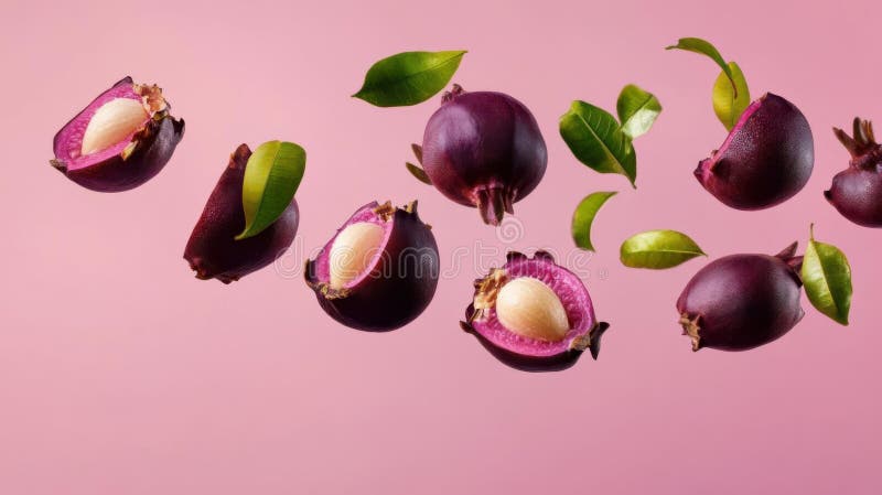 Fioletowe owoce lewitacja fotografia różowe tło ilustracja wektor