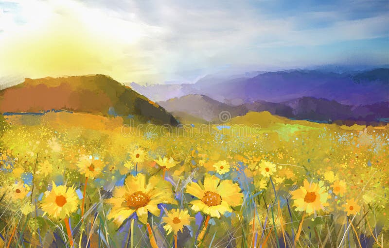 Fiore del fiore della margherita Pittura a olio di un paesaggio rurale di tramonto con un campo dorato della margherita
