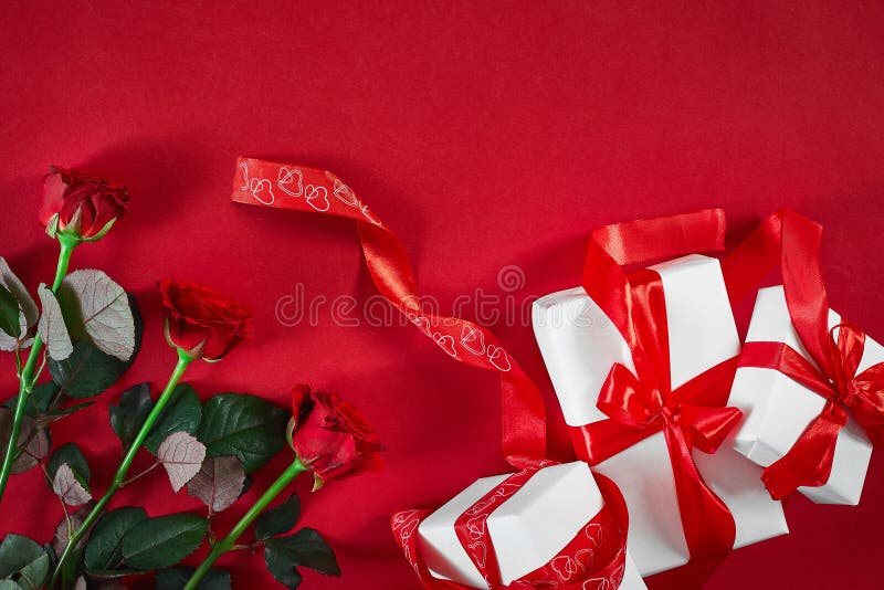 Top view fresh red rose flower and gift box on red deck with empty space for design. For love or valentine day concept. Top view. Copy space. Still life. Flat lay. Top view fresh red rose flower and gift box on red deck with empty space for design. For love or valentine day concept. Top view. Copy space. Still life. Flat lay