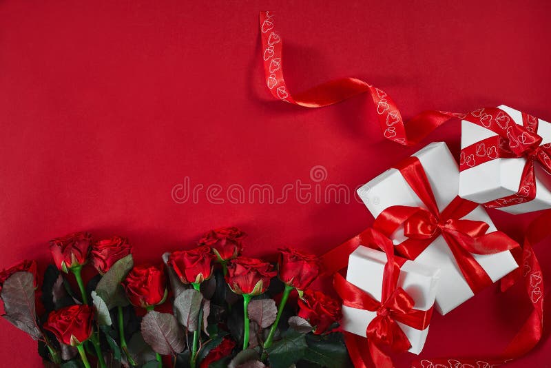 Top view fresh red rose flower and gift box on red deck with empty space for design. For love or valentine day concept. Top view. Copy space. Still life. Flat lay. Top view fresh red rose flower and gift box on red deck with empty space for design. For love or valentine day concept. Top view. Copy space. Still life. Flat lay